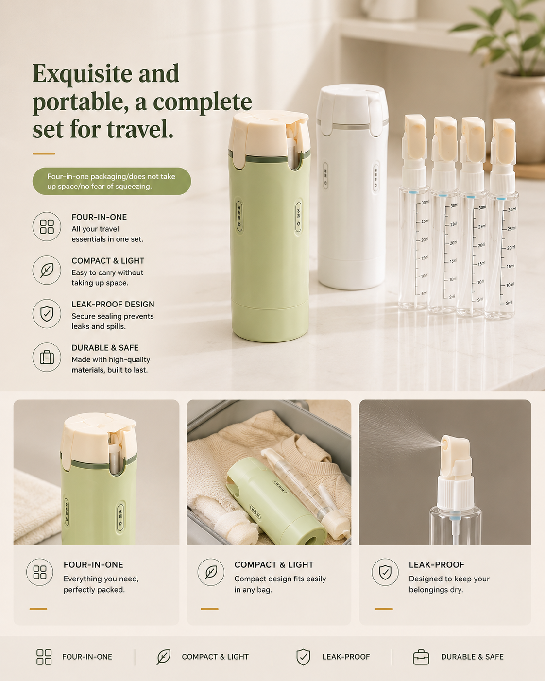 GlidePack™ 4-in-1 Travel Dispenser Bottles  Description